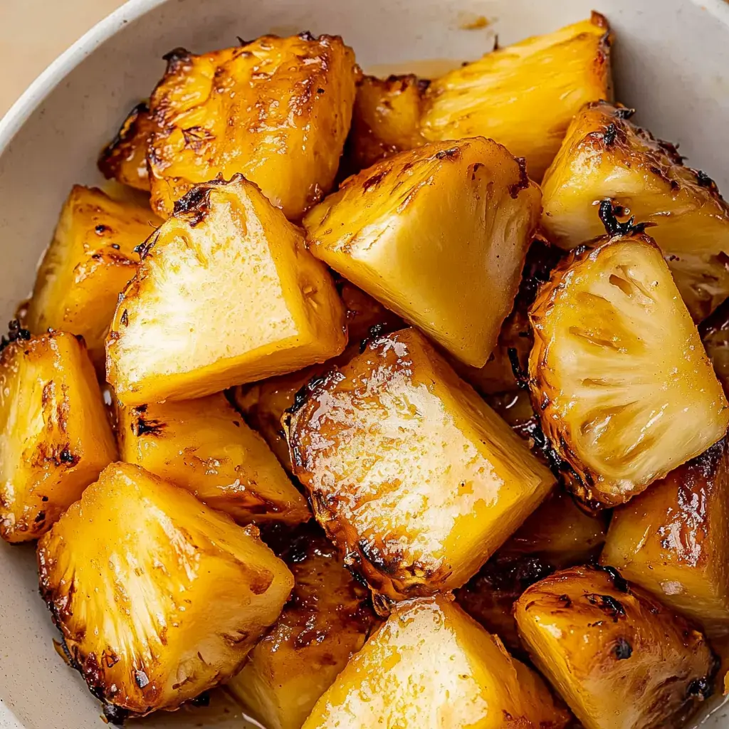 A bowl filled with golden-brown chunks of caramelized pineapple shown up close.