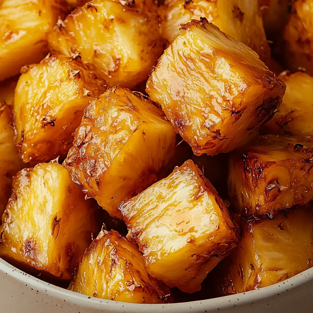 Golden-brown caramelized pineapple chunks shown up close in a serving bowl.