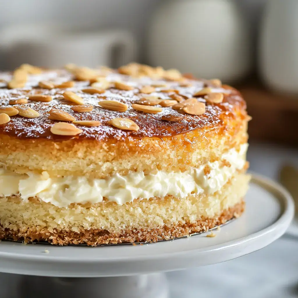 A beautifully decorated cake with a layer of cream filling and topped with sliced almonds sits on a pale plate.