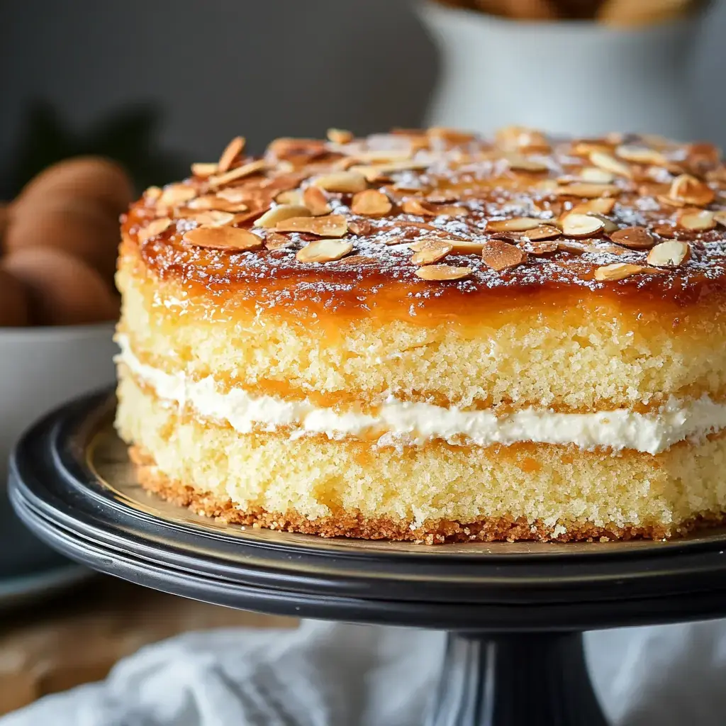 A beautifully layered cake topped with sliced almonds and a glossy glaze, displayed on a black cake stand.