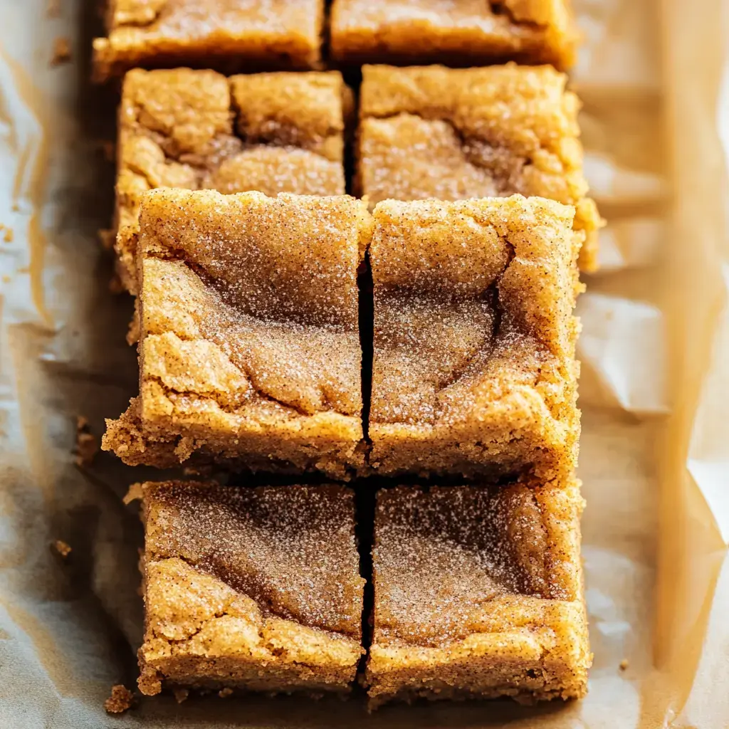 A close-up of rectangular pieces of dessert, showcasing a golden-brown, cinnamon-sugar topped baked treat arranged on parchment paper.