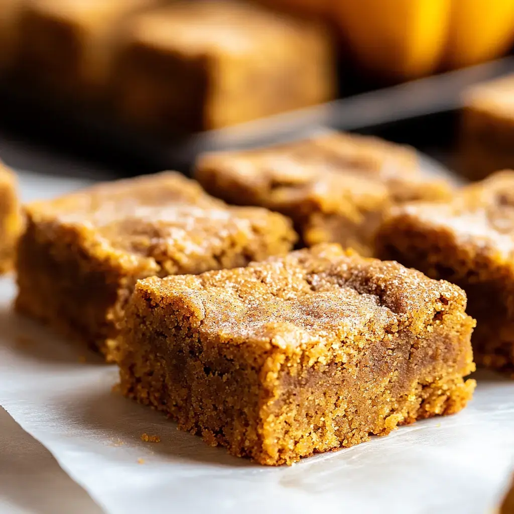 A close-up image of golden brown, freshly baked square treats arranged on parchment paper.