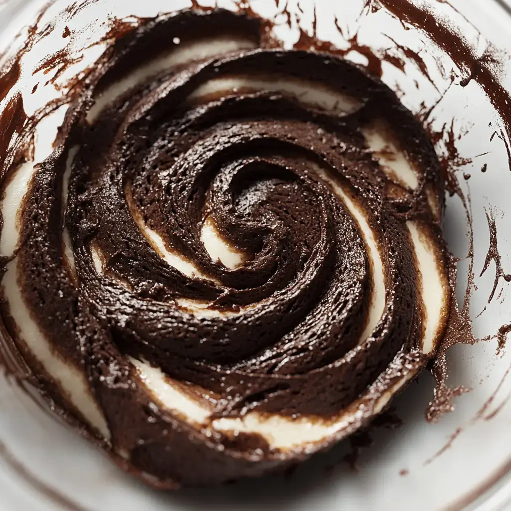 A close-up view of swirled chocolate and creamy batter in a bowl.