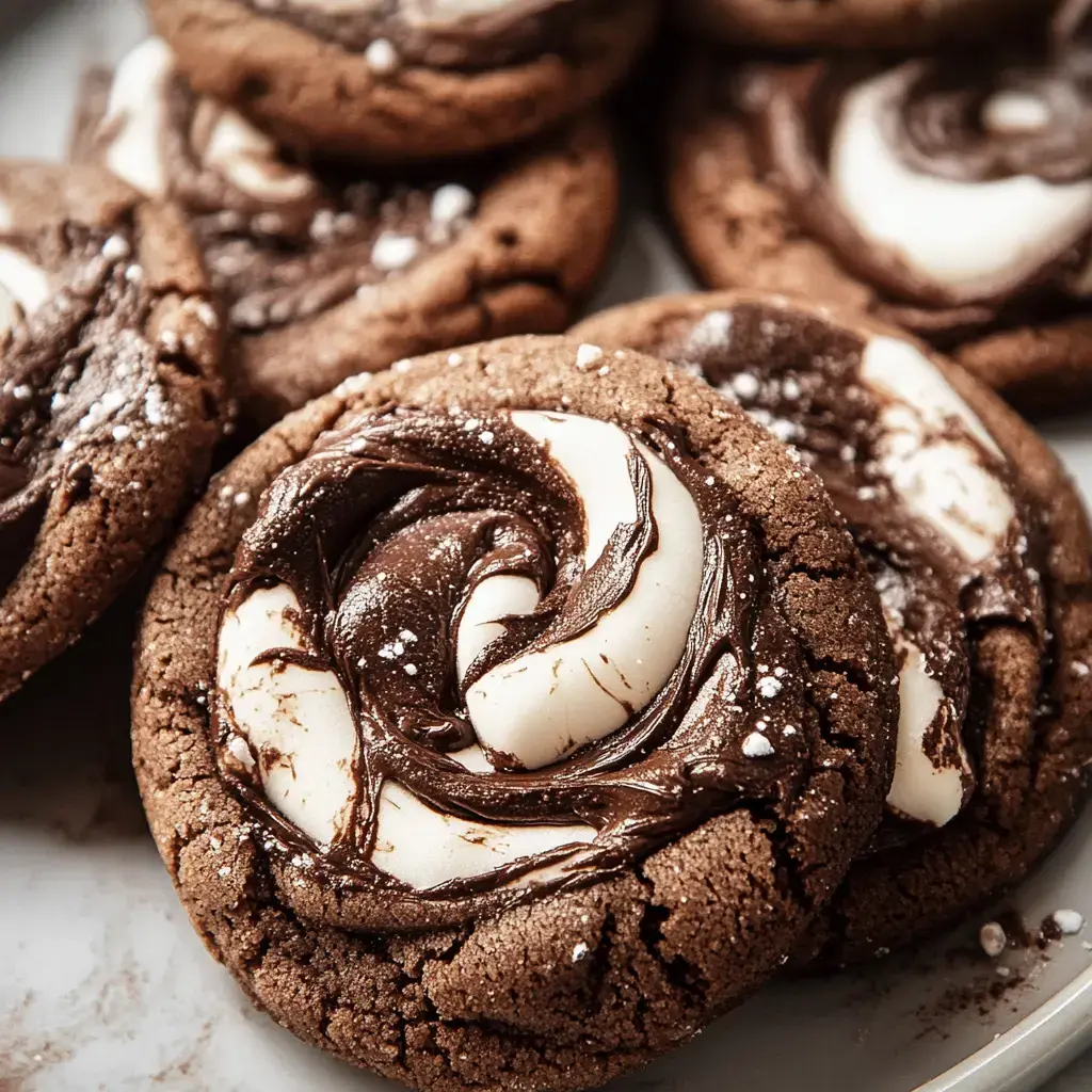 A close-up of chocolate cookies with swirls of white and dark frosting, sprinkled with powdered sugar.