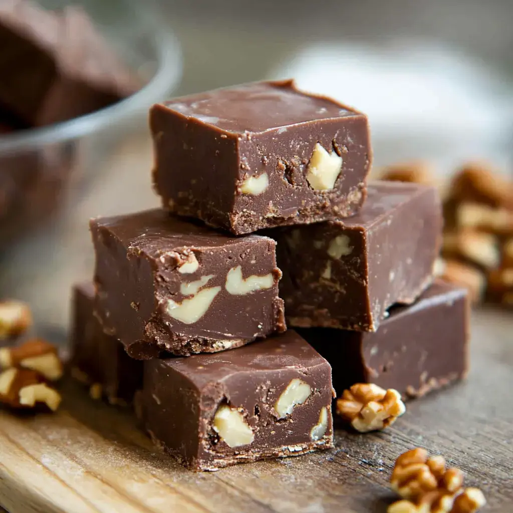 A stack of chocolate fudge with walnuts is displayed on a wooden surface, accompanied by scattered walnut pieces.