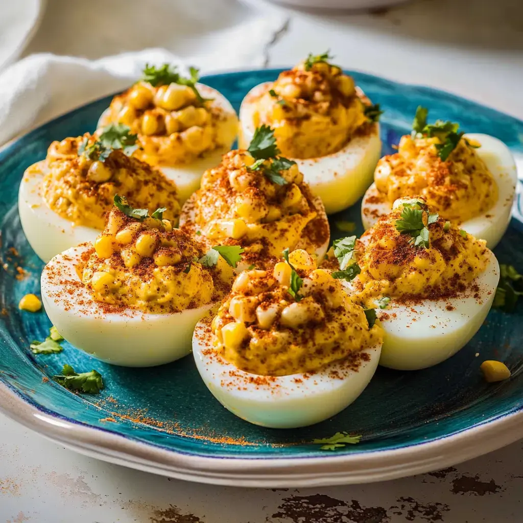 Deviled eggs served on a plate topped with corn, spices, and cilantro.