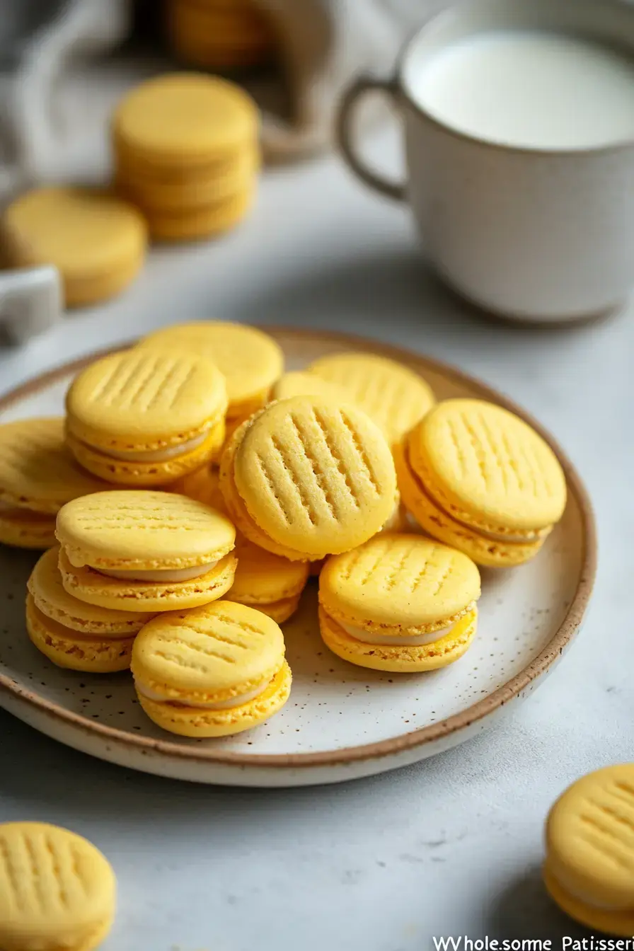 A plate of yellow cookies sits beside a glass of milk on a wooden table.