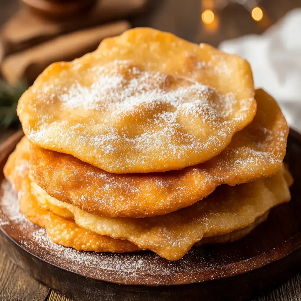 A wooden plate with stacked crispy brown fritters dusted in cinnamon sugar.