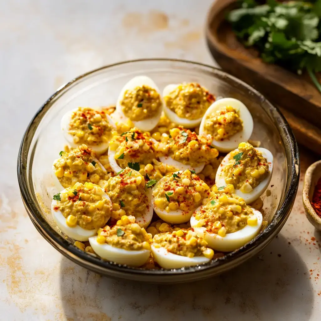 A glass bowl filled with deviled eggs topped with corn, spices, and chopped herbs.