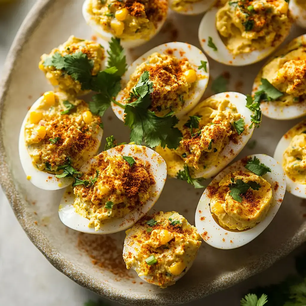 A plate of beautifully garnished deviled eggs topped with cilantro and paprika.