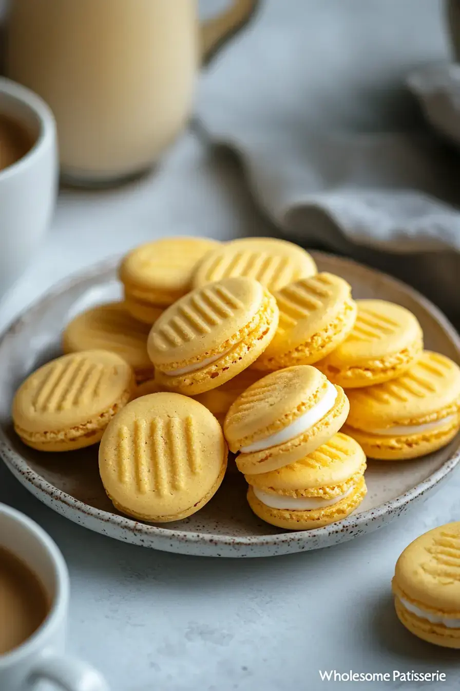 A plate of yellow macarons with a textured surface is displayed alongside cups of coffee and a pitcher.