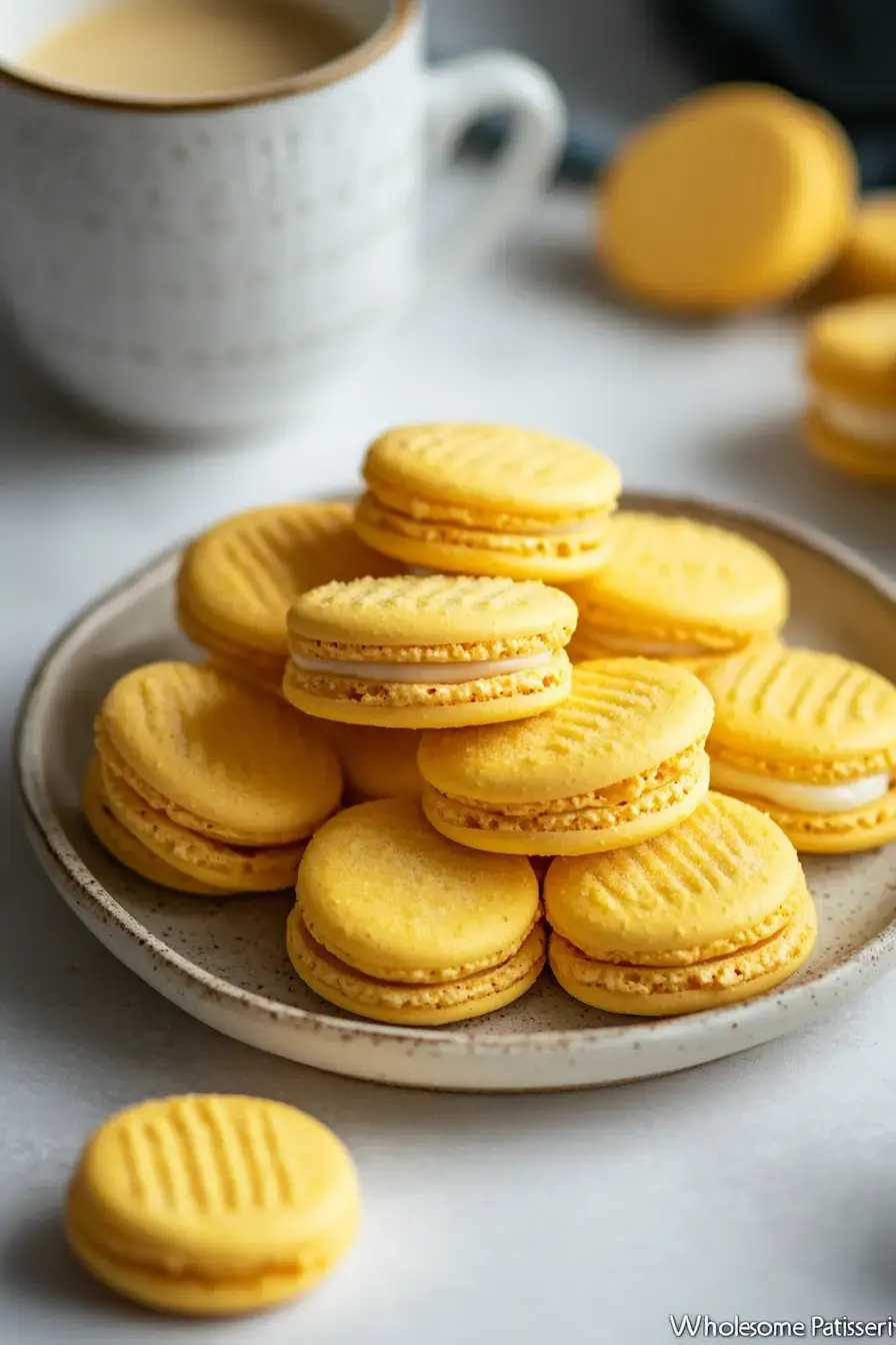 A plate of bright yellow macarons is displayed with a cup of coffee in the background.