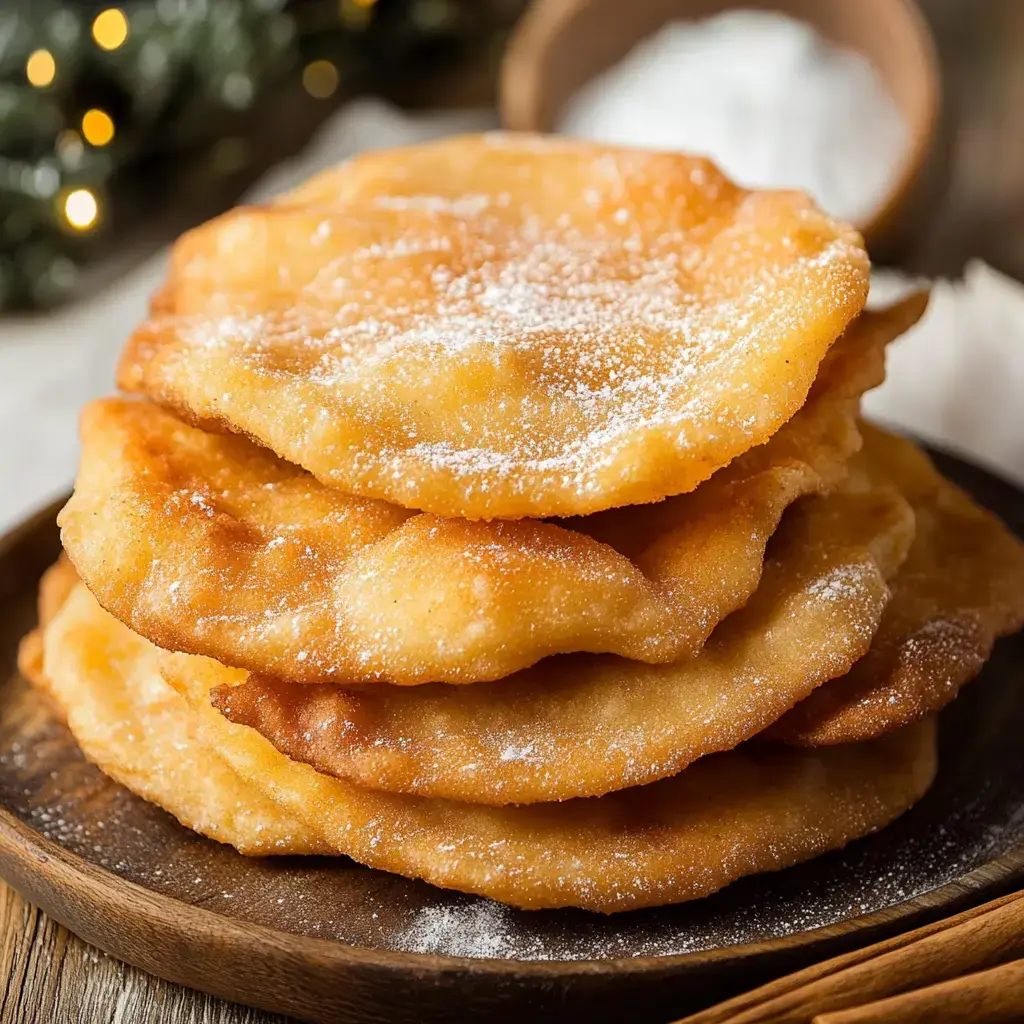 A stack of golden, fried pastries dusted with powdered sugar on a wooden plate.