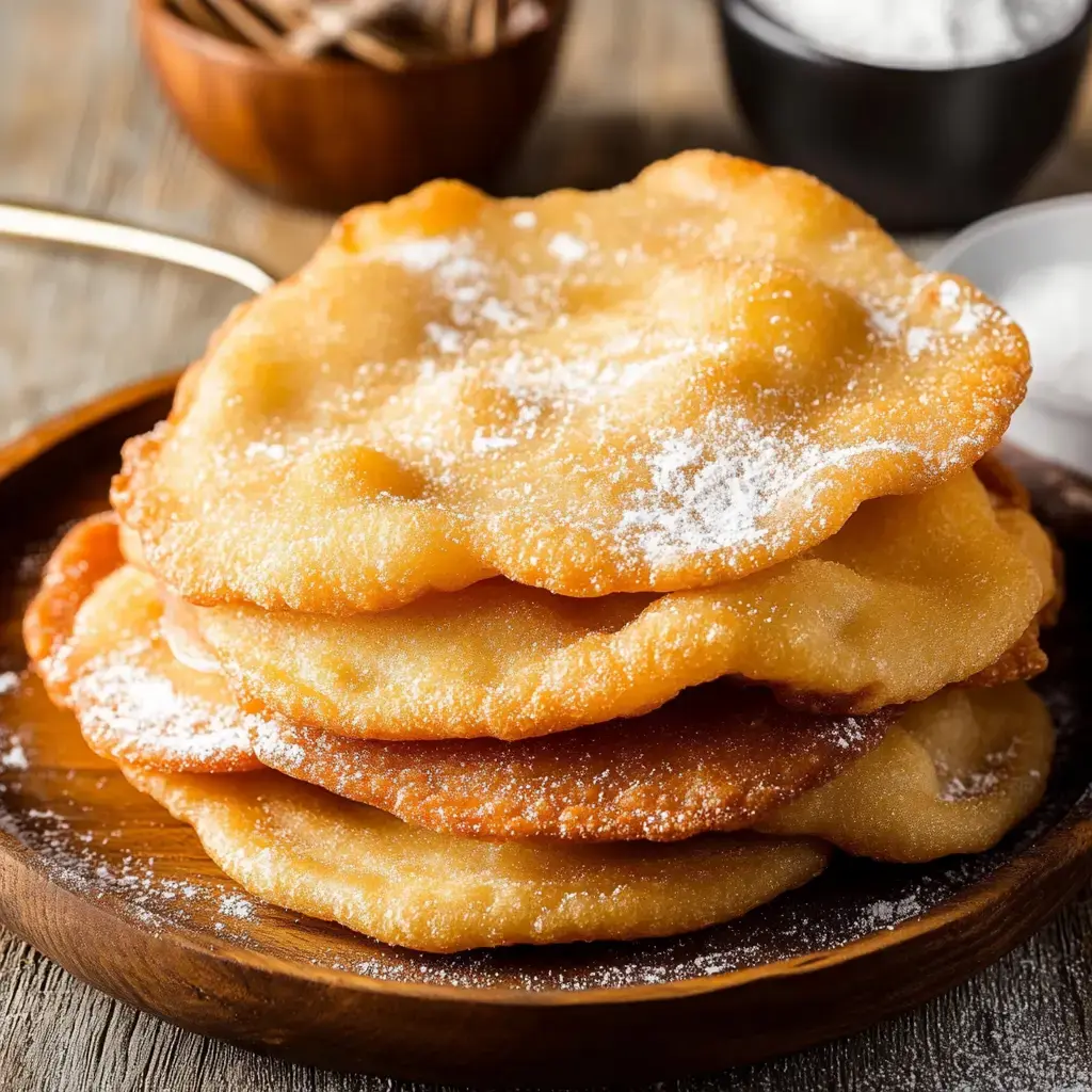 A wooden plate stacked with several golden, crispy fried pastries dusted with powdered sugar.