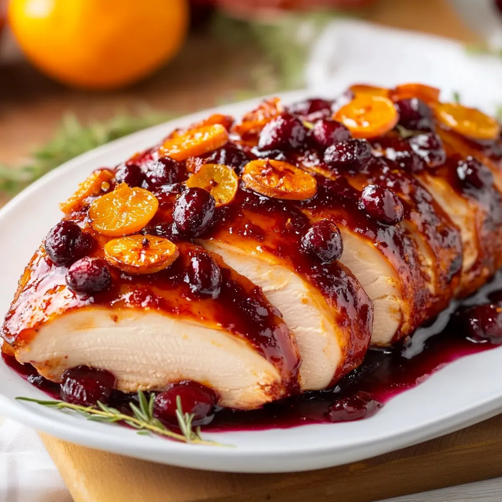 Moist turkey breast with cranberries, seared orange slices, and fresh rosemary served on a white platter.