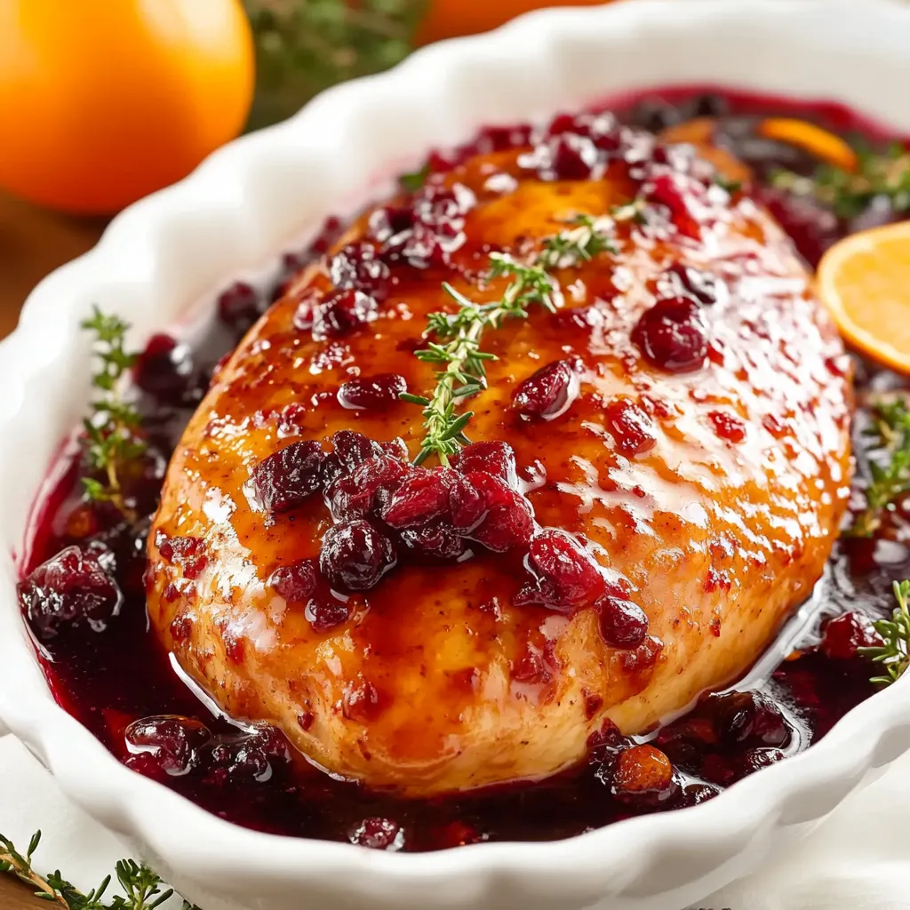 Glazed turkey breast with cranberries, caramelized orange slices, and rosemary on a white serving platter.