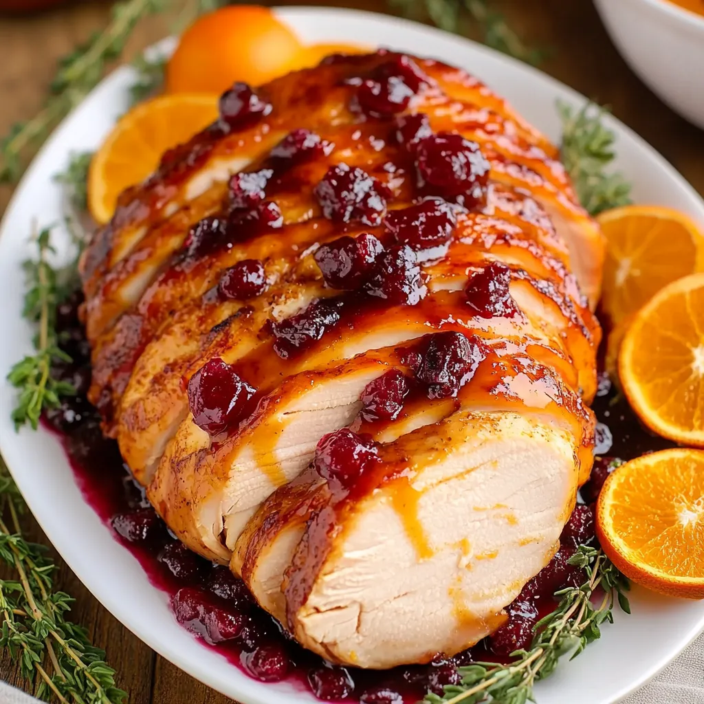 Glazed turkey breast with cranberries, caramelized orange slices, and rosemary on a white serving platter.