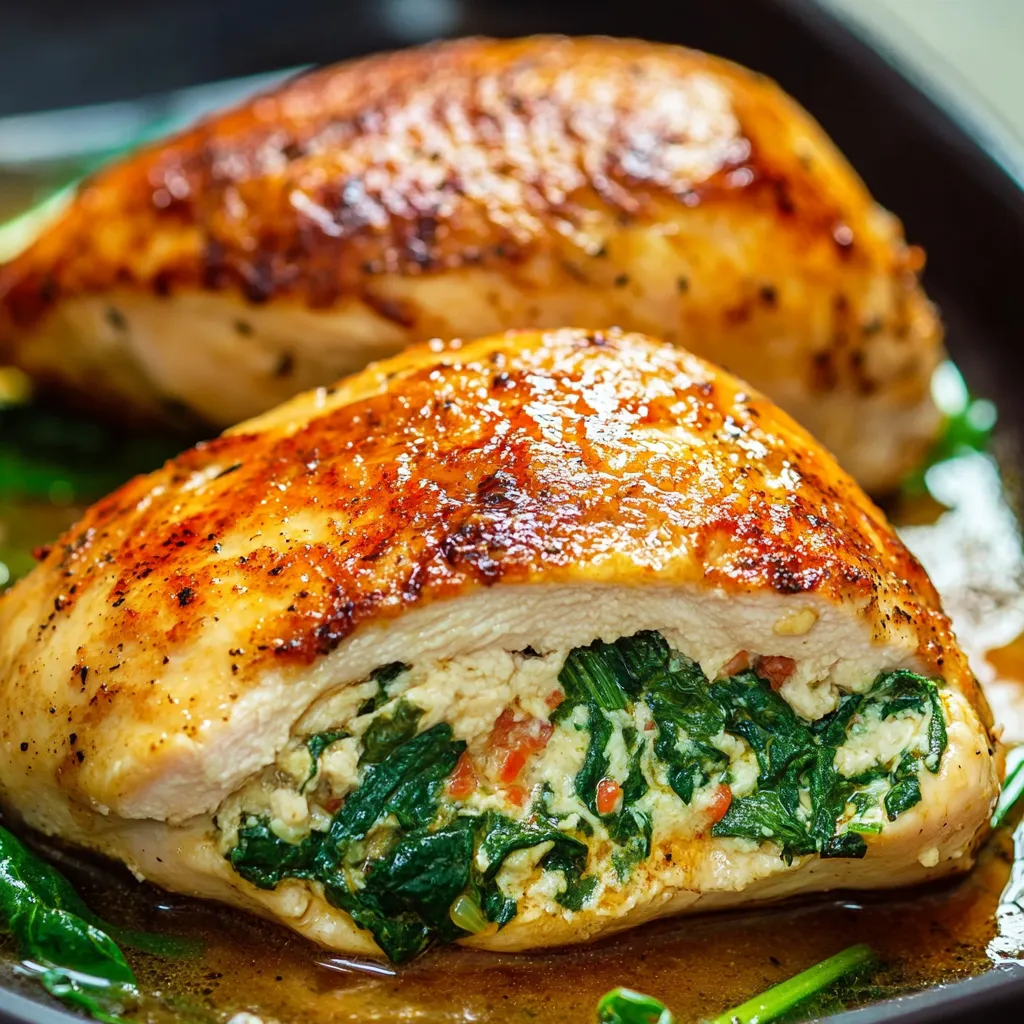 Golden brown chicken breasts stuffed with creamy spinach and cheese, baked to tender perfection.