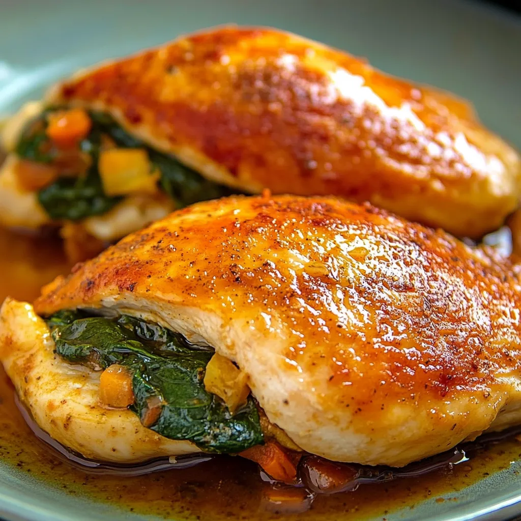 Juicy chicken breast stuffed with creamy spinach and cheese, baked to golden perfection for a delicious meal.