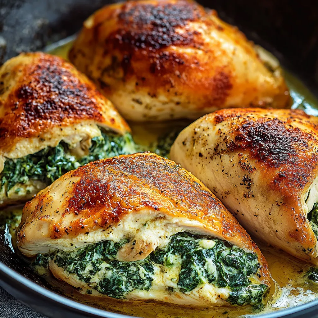 Juicy chicken breast stuffed with creamy spinach and cheese, baked to golden perfection for a delicious meal.