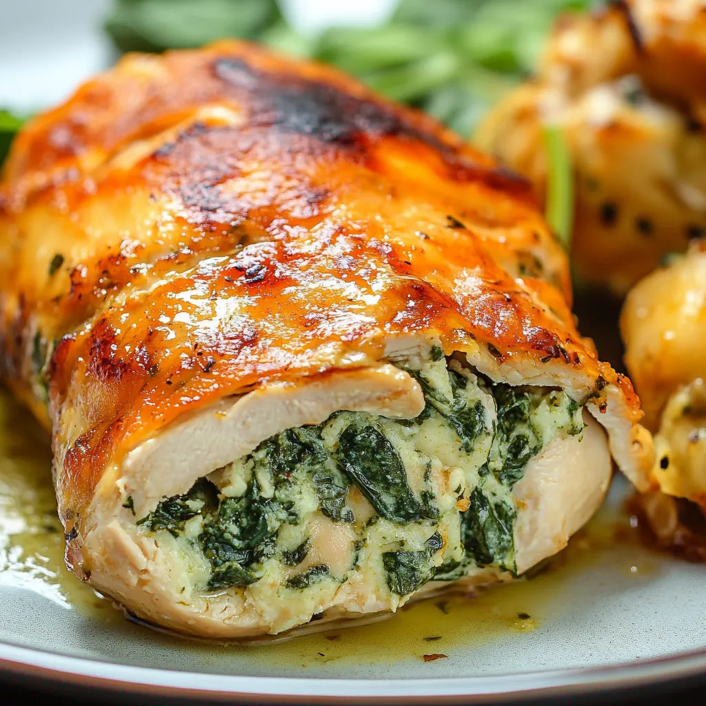 Juicy chicken breast stuffed with creamy spinach and cheese, baked to golden perfection for a delicious meal.