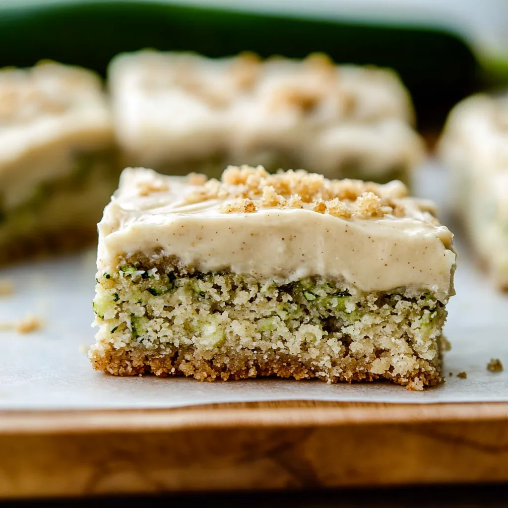 Soft, tender zucchini squares with creamy nutty frosting on top, showing flecks of green throughout.
