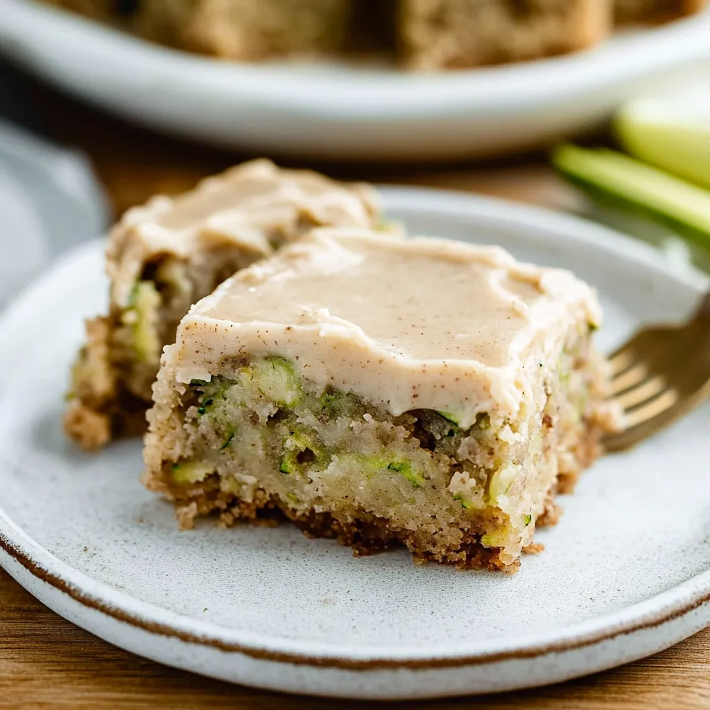 Close-up of zucchini bars with swirls of golden-brown frosting, showing their moist, cake-like texture.