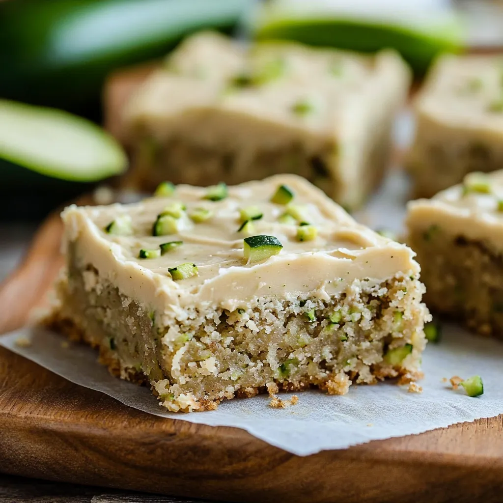 Stack of zucchini bars showing layers of spiced cake and creamy brown butter frosting with nut pieces visible.