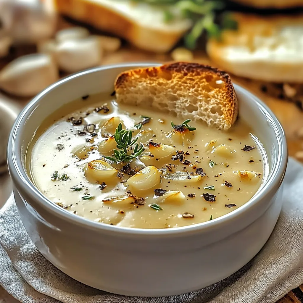 Warm French garlic soup with creamy texture, roasted garlic, and herbs for a cozy classic.