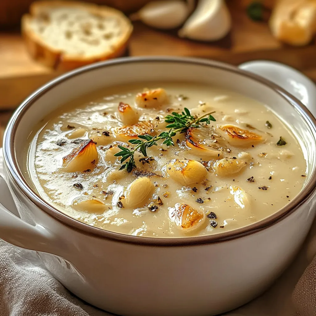 Rustic Country French garlic soup with roasted garlic, creamy broth, and fresh herbs for a comforting classic.
