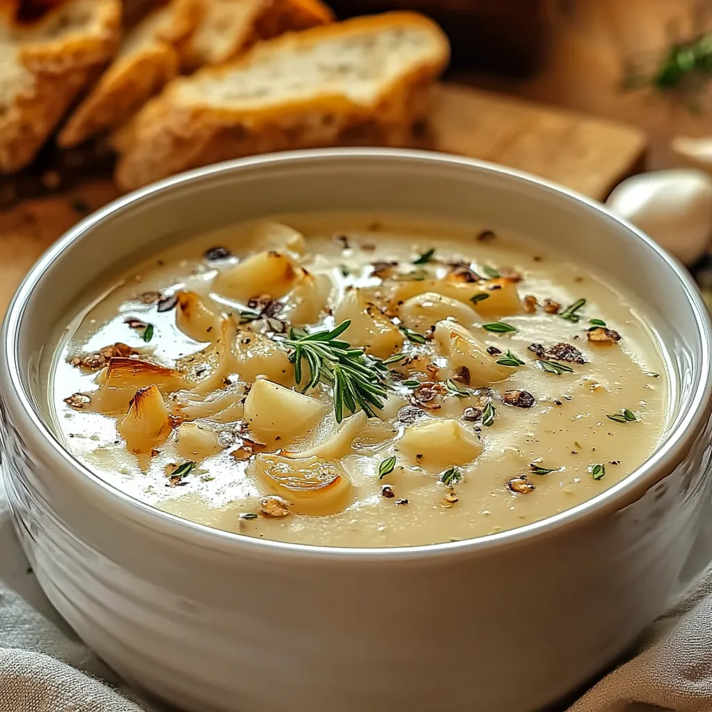 Rustic Country French garlic soup with roasted garlic, creamy broth, and fresh herbs for a comforting classic.