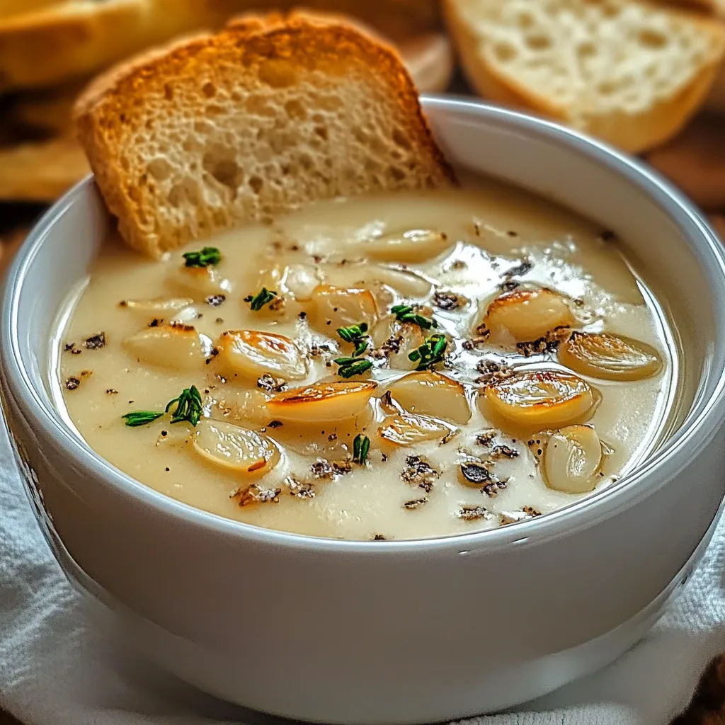 Rustic Country French garlic soup with roasted garlic, creamy broth, and fresh herbs for a comforting classic.