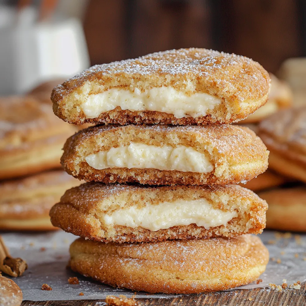 Cheesecake-filled churro cookies with a crispy cinnamon sugar crust, perfect for dessert.