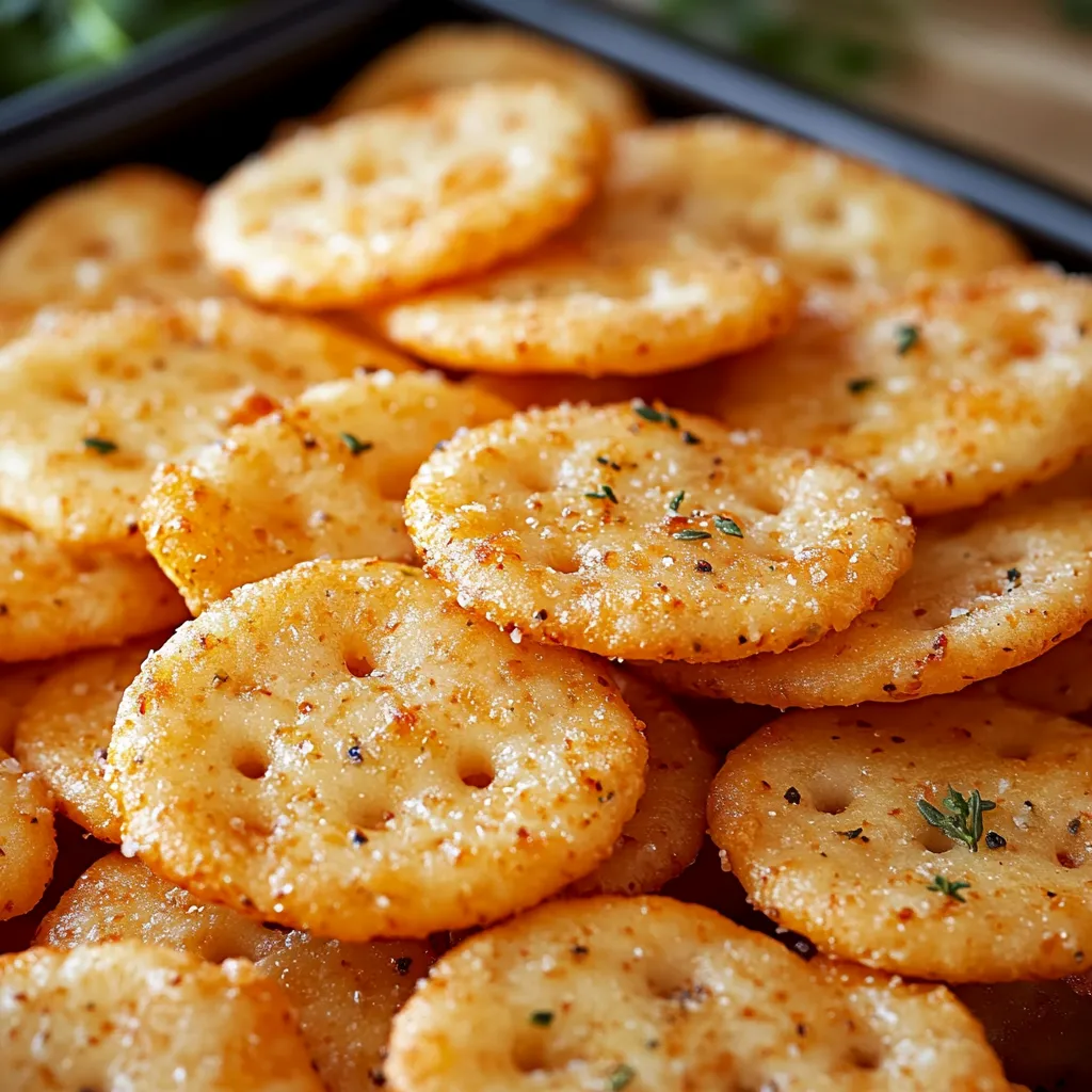 Crunchy golden Ritz snacks loaded with garlic flavor, perfect for any event.