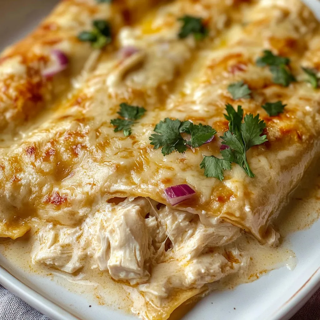 Creamy chicken enchiladas covered in cheesy sauce, perfect for family dinners.