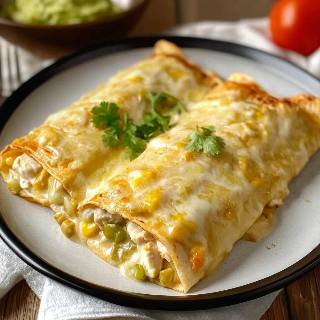 Mouthwatering white chicken enchiladas smothered in a smooth and creamy sauce.