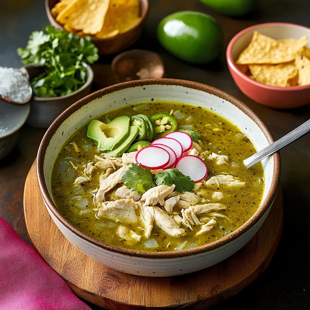 Delicious green chicken soup with tender meat and plump corn kernels.