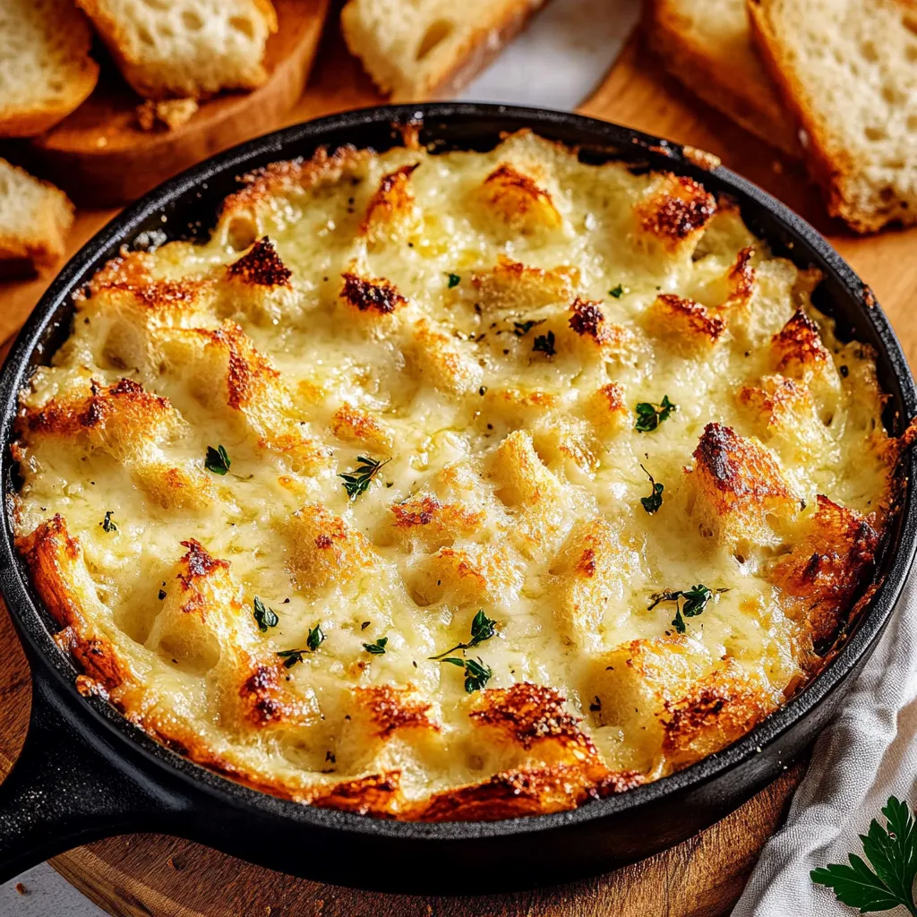 Golden bubbling garlic dip ready for bread dunking, crowd favorite appetizer.