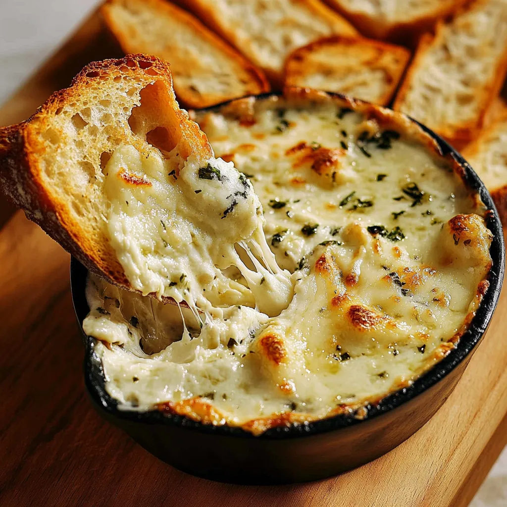 Hot cheesy garlic dip that draws crowds and makes any gathering better.