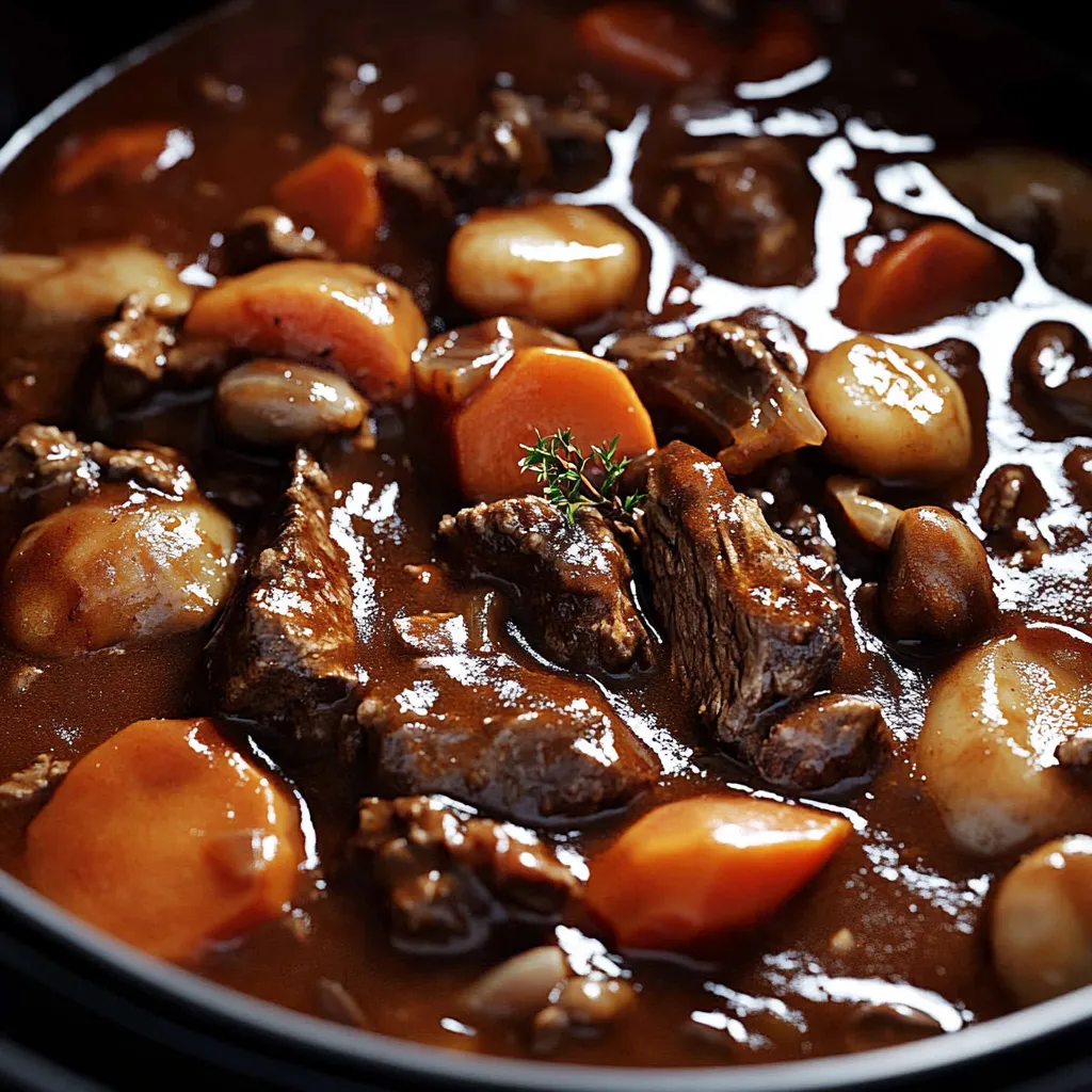 Hearty slow-cooked beef bourguignon in a rich sauce, perfect for cozy meals.
