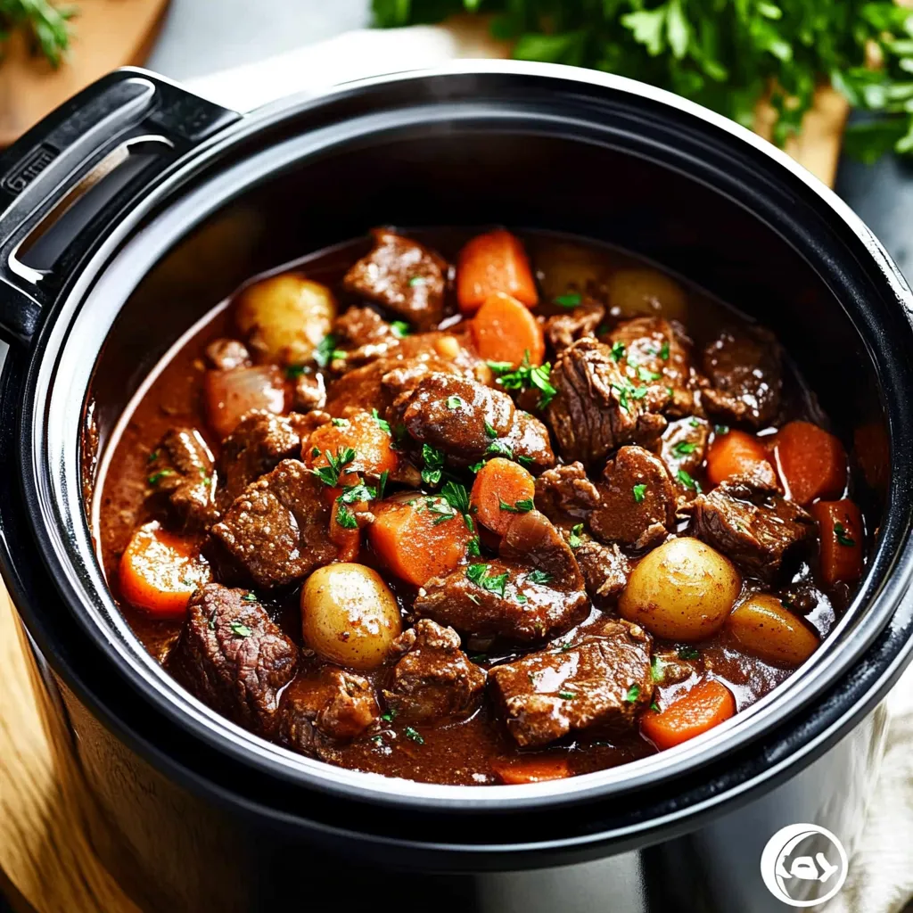Rich slow-cooked beef with wine sauce and veggies, ideal for family dinners.