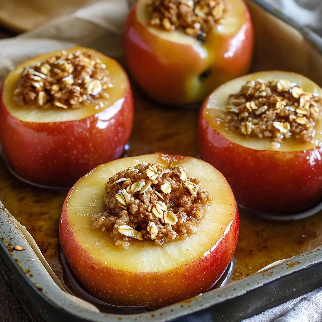 Soft maple-cinnamon baked apples stuffed with oats, the perfect autumn dessert.