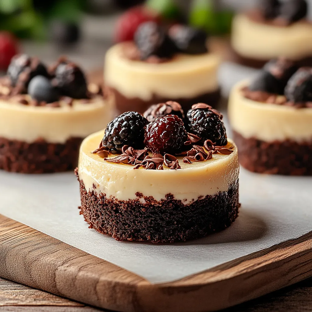 Smooth mini cheesecakes sitting on rich chocolate brownie bases, a delightful treat.