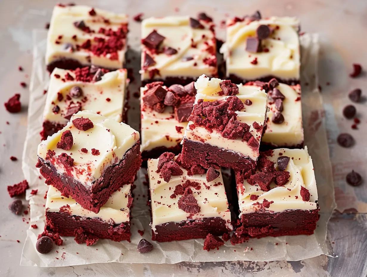 Luscious red velvet brownies, an ideal sweet treat for chocolate fans.