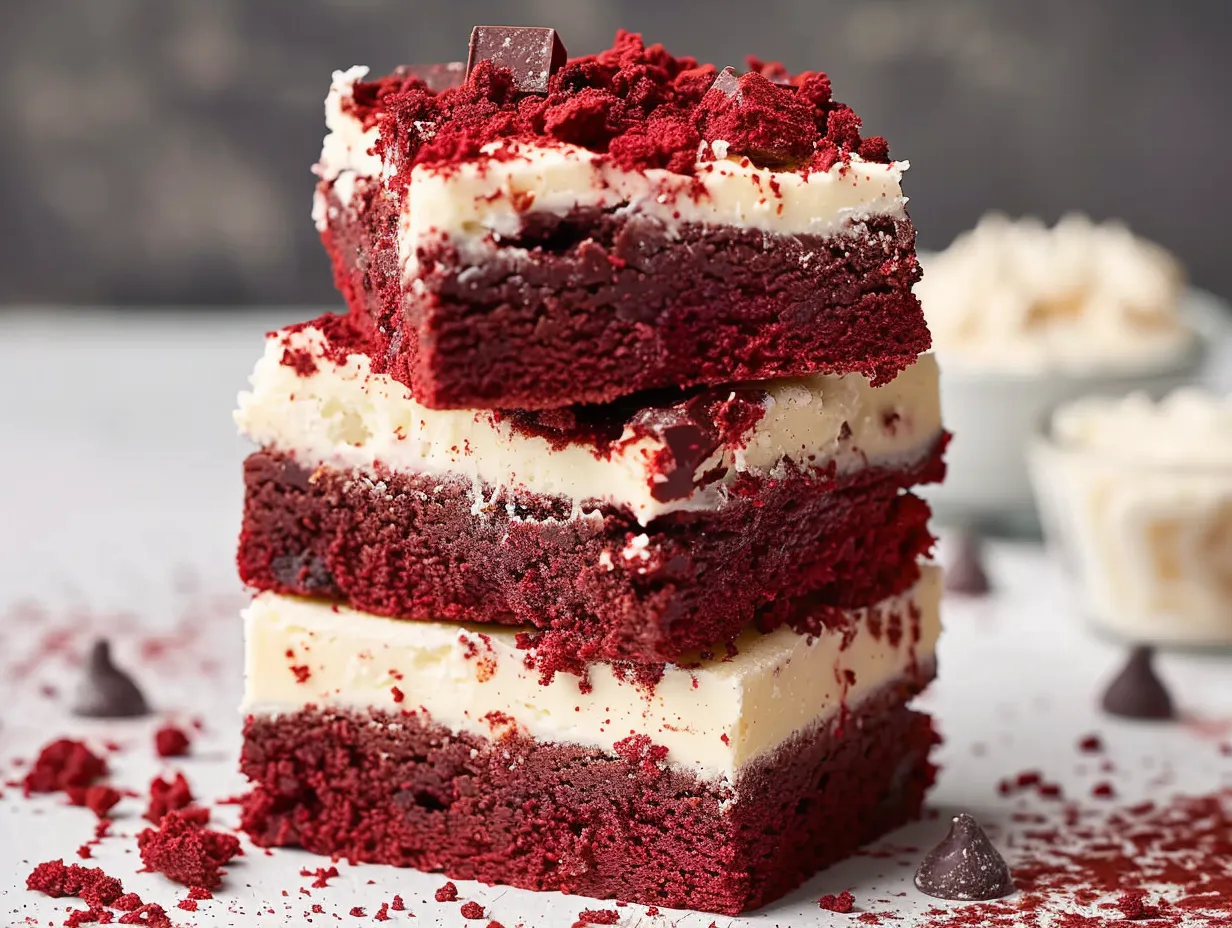Rich and fudgy red velvet brownies, a traditional dessert with vibrant color.