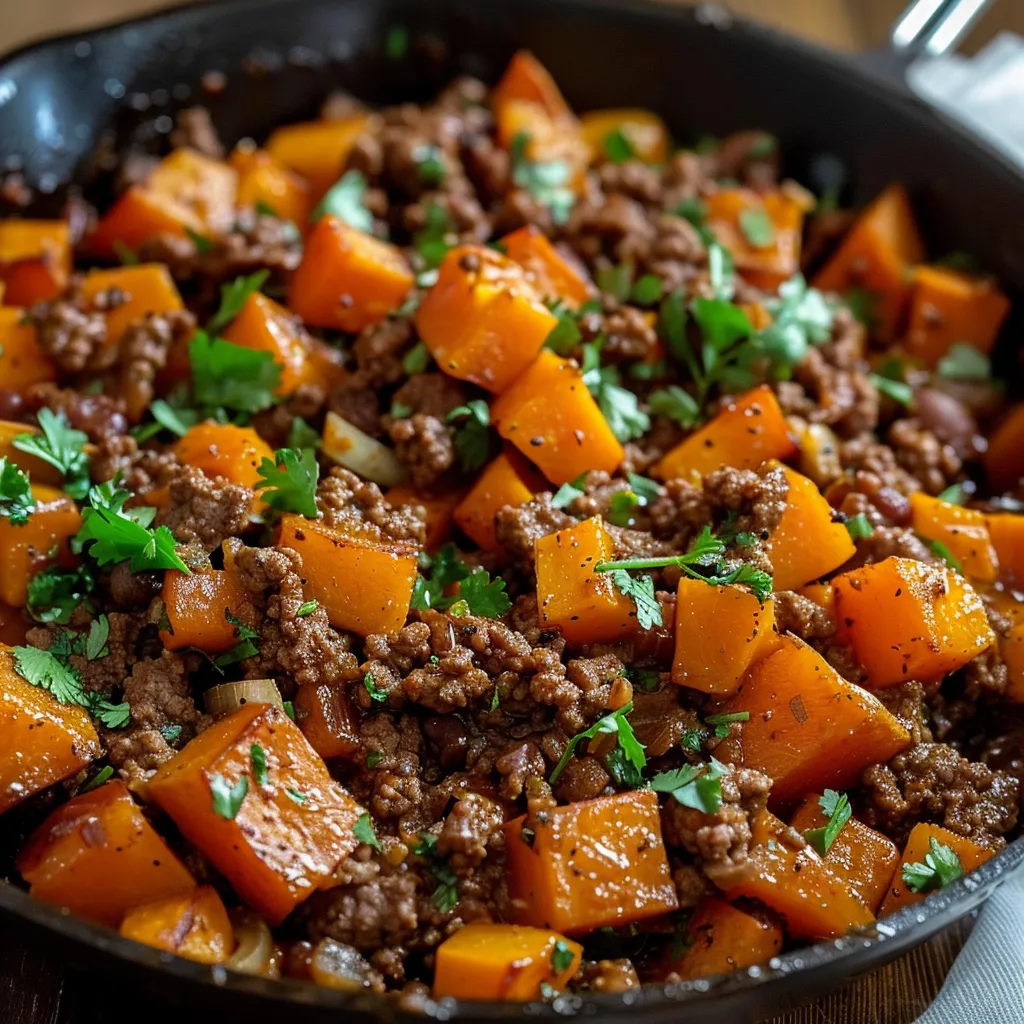Delicious one-pan skillet featuring spiced beef and tender sweet potatoes, hearty and comforting.