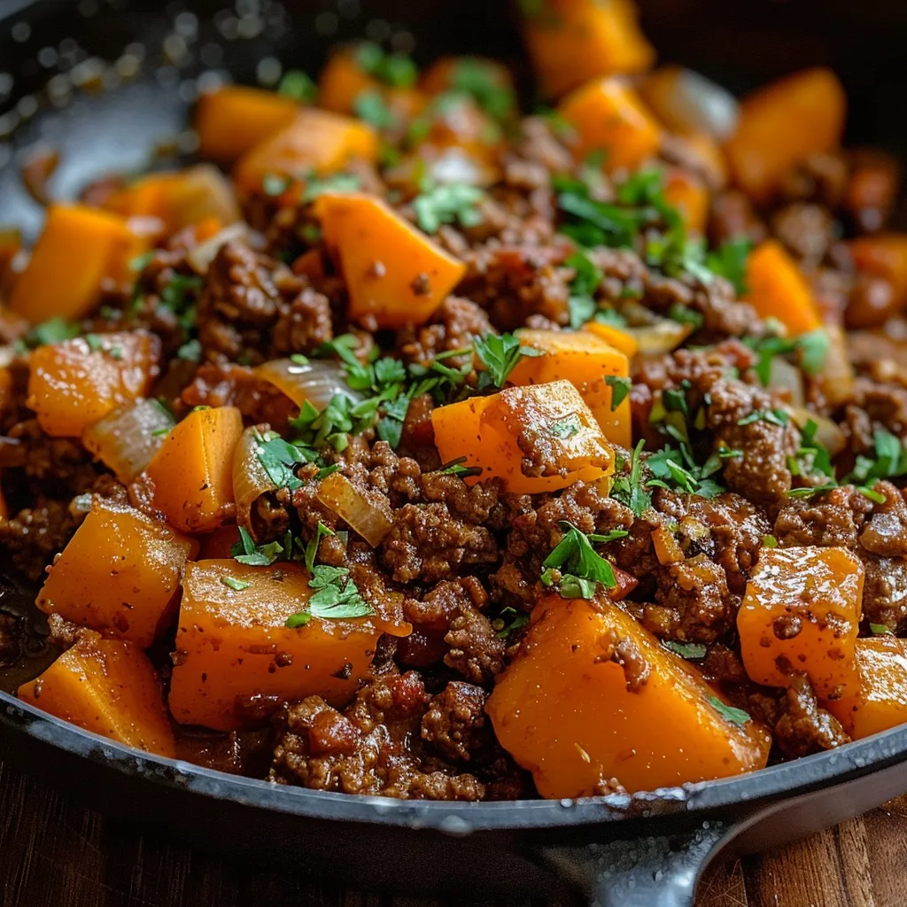 Tasty beef and sweet potato mixture in a skillet, ready for a quick family meal.