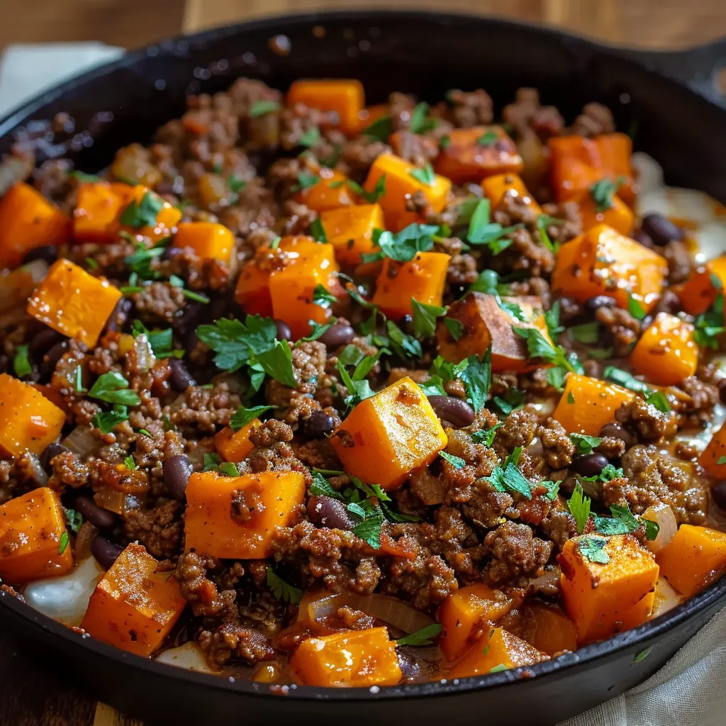 Beef and sweet potato mix in a skillet, showing how simple ingredients make a hearty meal.