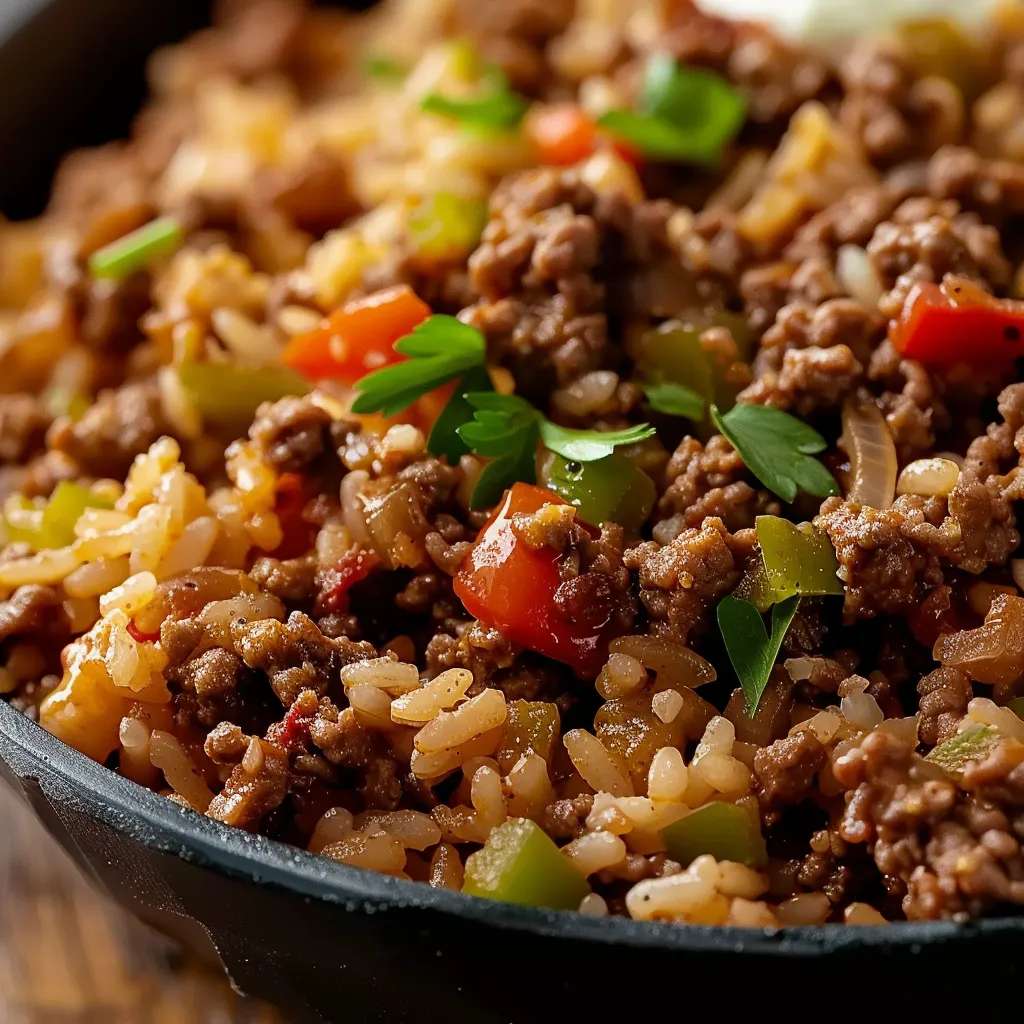 Delicious skillet dish combining beef, rice, and vegetables for fast dinners.
