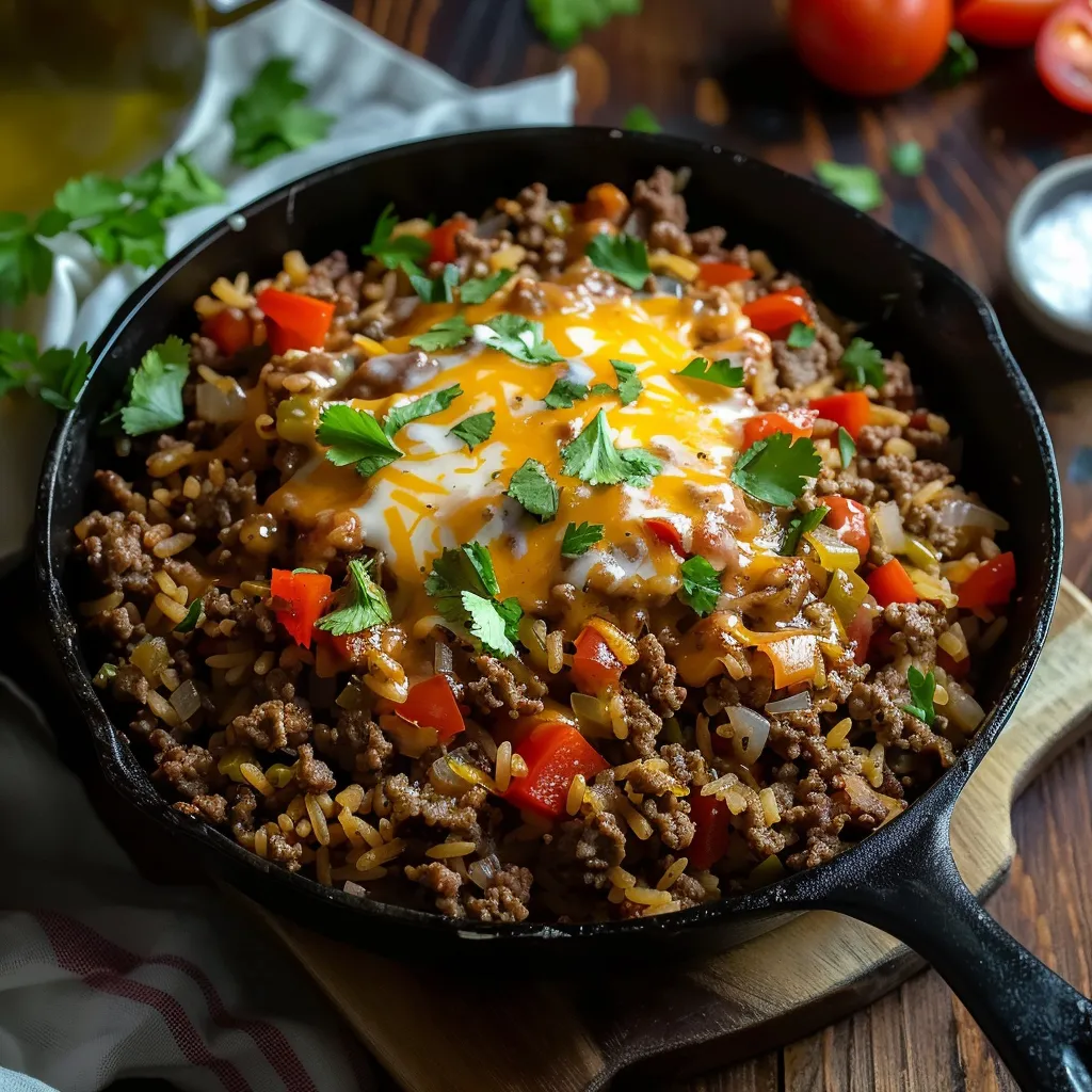 Rich ground beef with puffy rice, all done in a single skillet for quick cleanup.